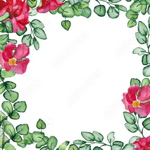 Eucalyptus branches with green leaves with pink peony flowers isolated on white background. Watercolor flower frame for the design of beautiful greeting cards, holiday invitations