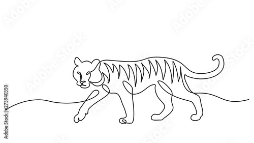 Continuous one line drawing. Tiger walking symbol.