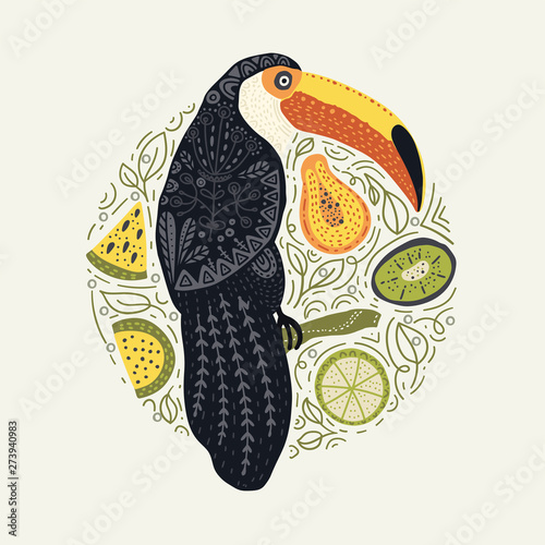 Tropical Bright Toucan Bird. Vector.