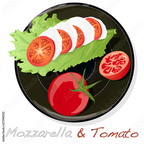 Vector illustration of mozzarella, cherry tomatoes - ingredients for caprese salad on plate. Isolated.