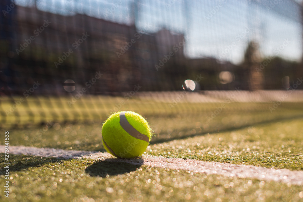 Tennis ball lying on white line on hard court under sunlight