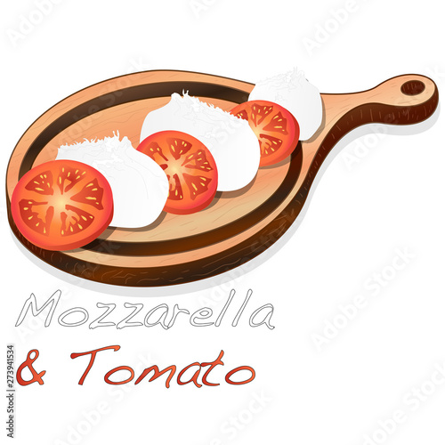 Vector illustration of mozzarella, cherry tomatoes - ingredients for caprese salad on plate. Isolated.