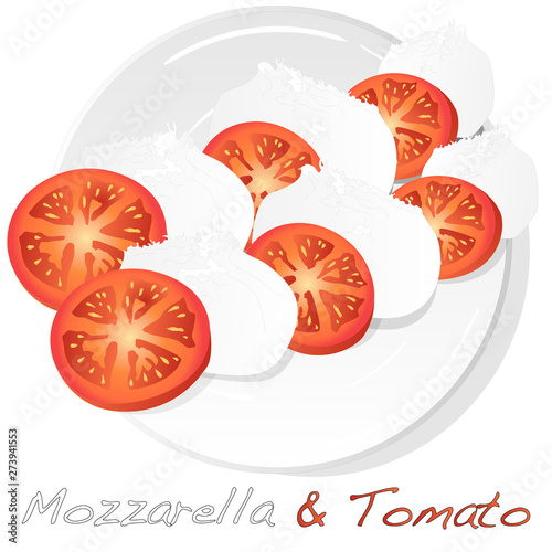 Vector illustration of mozzarella, cherry tomatoes - ingredients for caprese salad on plate. Isolated.