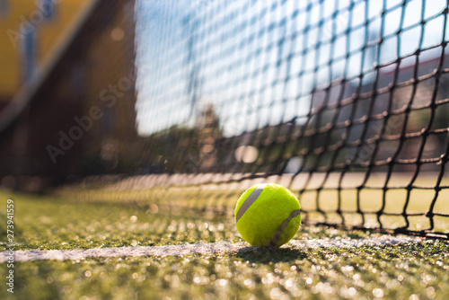Closeup tennis ball lying on white line on hard court next the netting