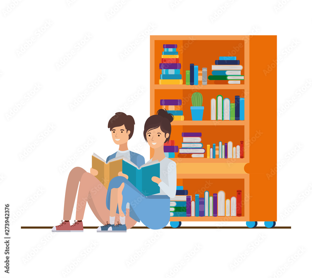 couple with book in hands in living room