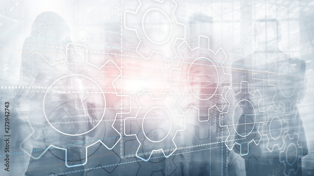 Abstract background gears concept. Silhouettes of business people on city background. Universal Technology Wallpaper Abstract background gears concept. Silhouettes of business people on city background. Universal Technology Wallpaper