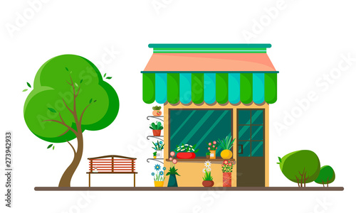 Flower shop on the street with a tree, bushes and a cozy bench on a white background. Vector illustration in cartoon flat style.