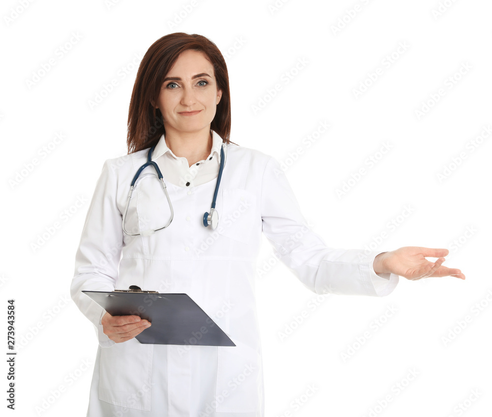 Portrait of female doctor with clipboard isolated on white. Medical staff