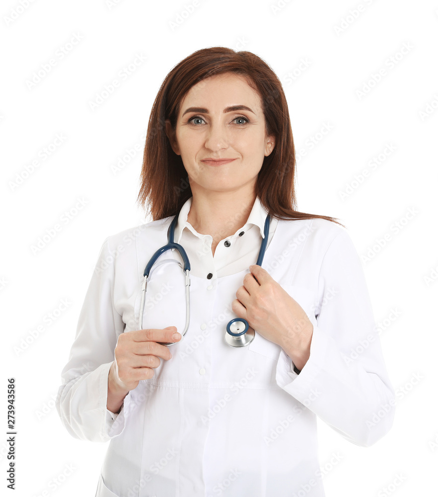 Portrait of female doctor isolated on white. Medical staff Portrait of female doctor isolated on white. Medical staff