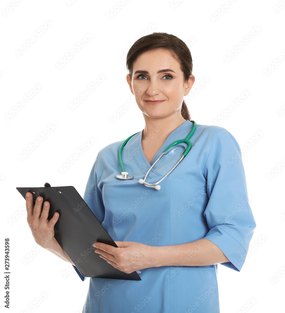 Portrait of female doctor in scrubs with clipboard isolated on white. Medical staff Portrait of female doctor in scrubs with clipboard isolated on white. Medical staff