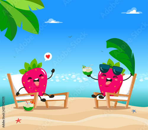 Funny strawberries rest on chairs on the loungers on the beach in a cartoon style. Vector illustration on white background in flat style.