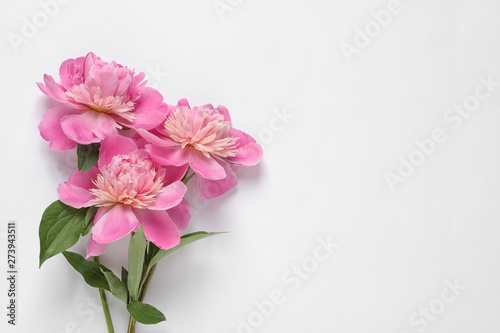 Beautiful fresh peony flowers with leaves on white background, top view © New Africa
