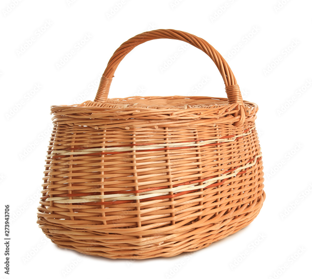 Empty wicker picnic basket isolated on white Empty wicker picnic basket isolated on white