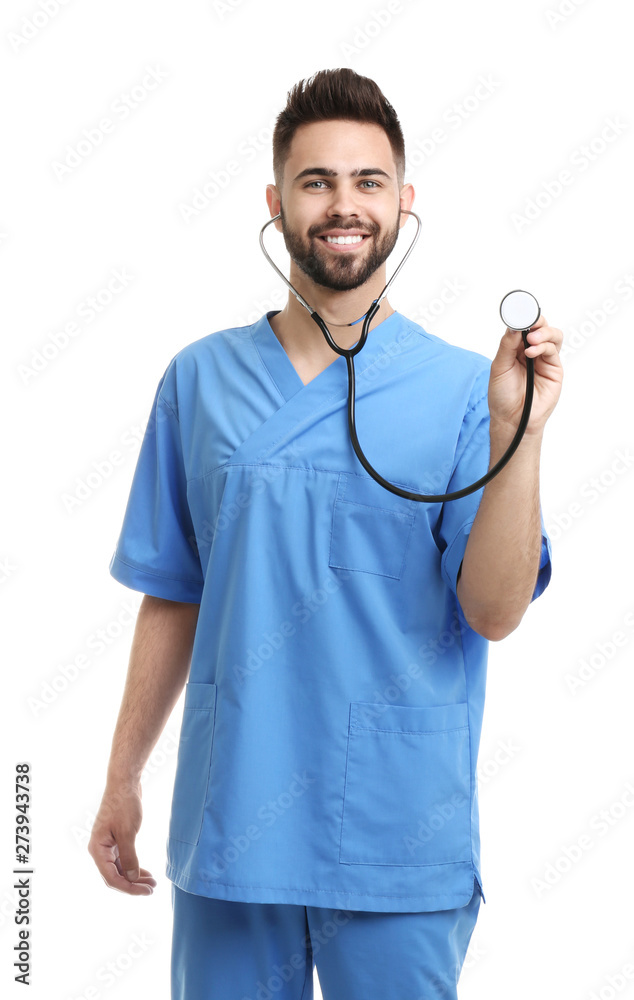 Young male doctor in uniform isolated on white Young male doctor in uniform isolated on white