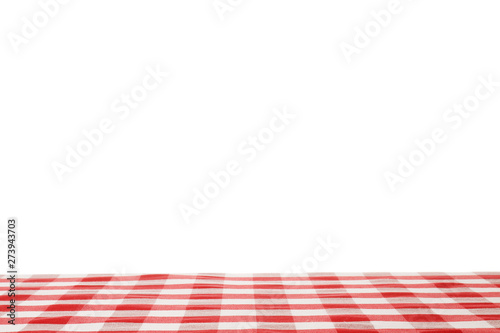 Table with red checkered cloth isolated on white