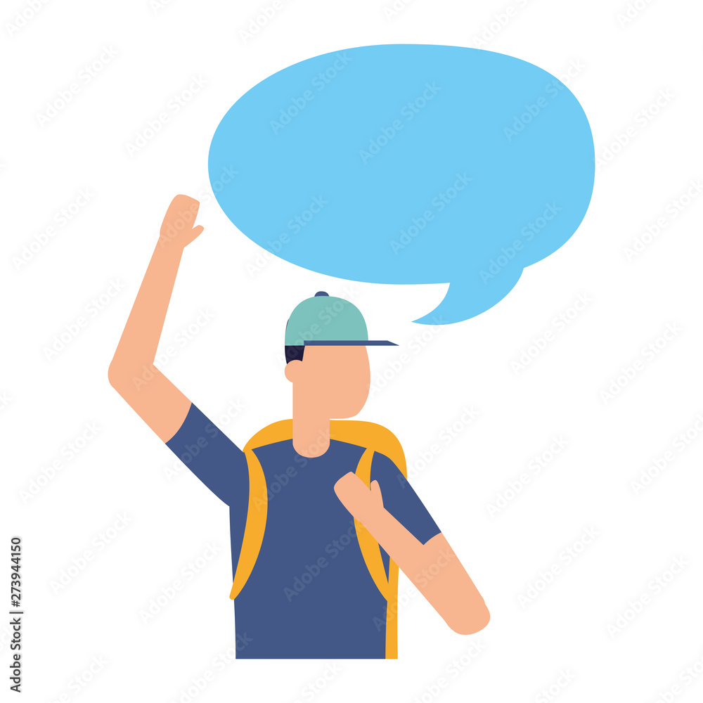 man with backpack talk bubble