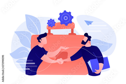 Two business partners shaking hands and big briefcase. Partnership and agreement, cooperation and deal completed concept on white background. Coral pink palette vector isolated illustration.