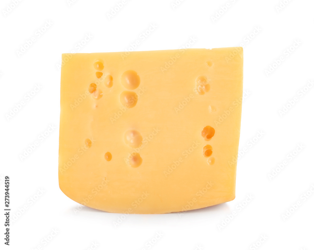 Piece of delicious cheese on white background