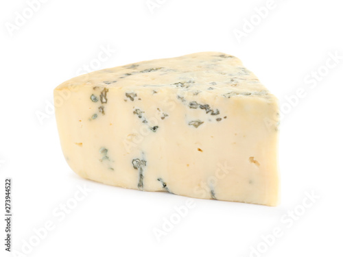 Piece of delicious blue cheese on white background