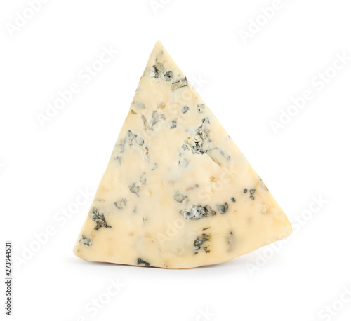 Piece of delicious blue cheese on white background