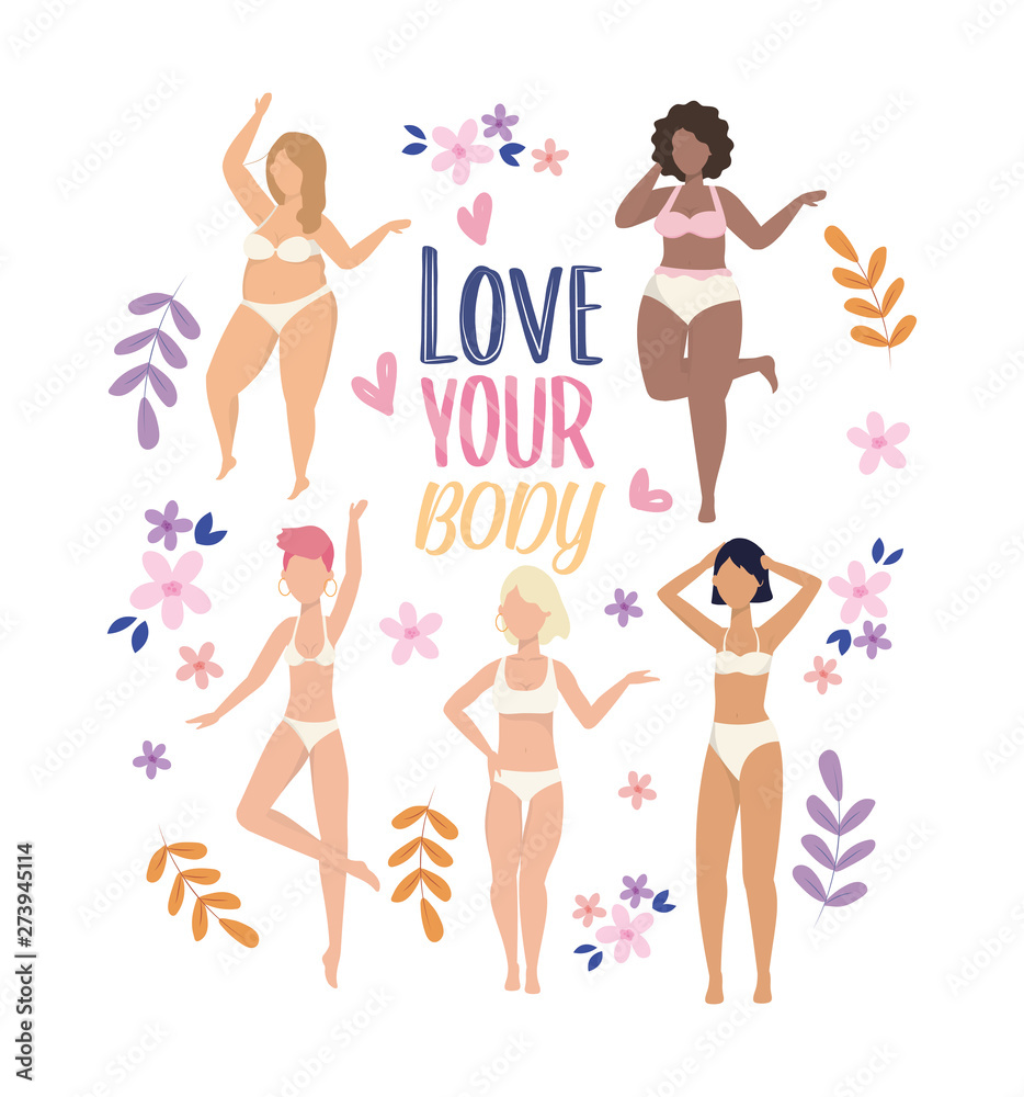 Fototapeta premium happy girls wearing underclothes with branches plants and flowers