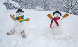 Christmas corporate party. Trust in love. Christmas party people. Romantic portrait of a sensual Snowman couple in love. Happy funny snowman in the snow.