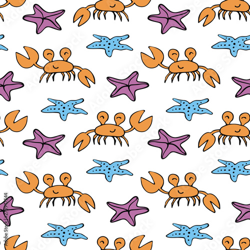 Colorful seamless pattern with sea creatures in doodle style. Vector background.