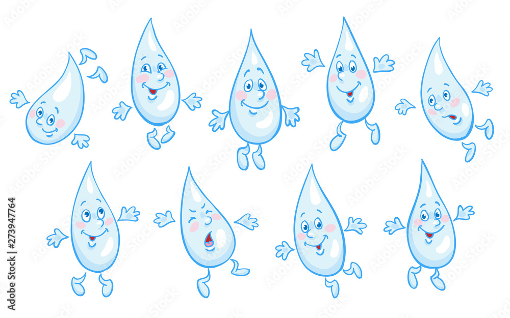 Set of funny drops of water in cartoon style. Isolated on white background. Vector illustration. Set of funny drops of water in cartoon style. Isolated on white background. Vector illustration.