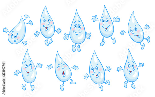 Set of funny drops of water in cartoon style. Isolated on white background. Vector illustration.