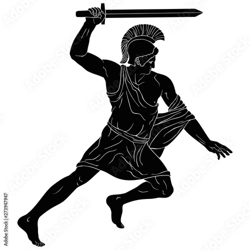 Ancient Greek warrior with a sword in his hands is ready to attack. Vector illustration isolated on white background.