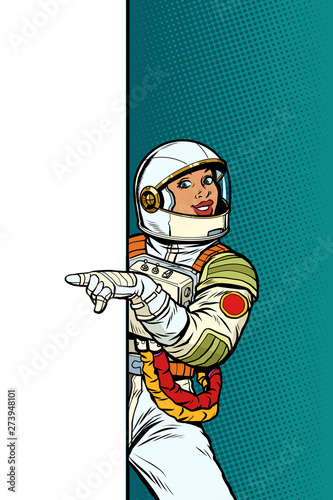 african Girl woman astronaut. Point to copy space poster
