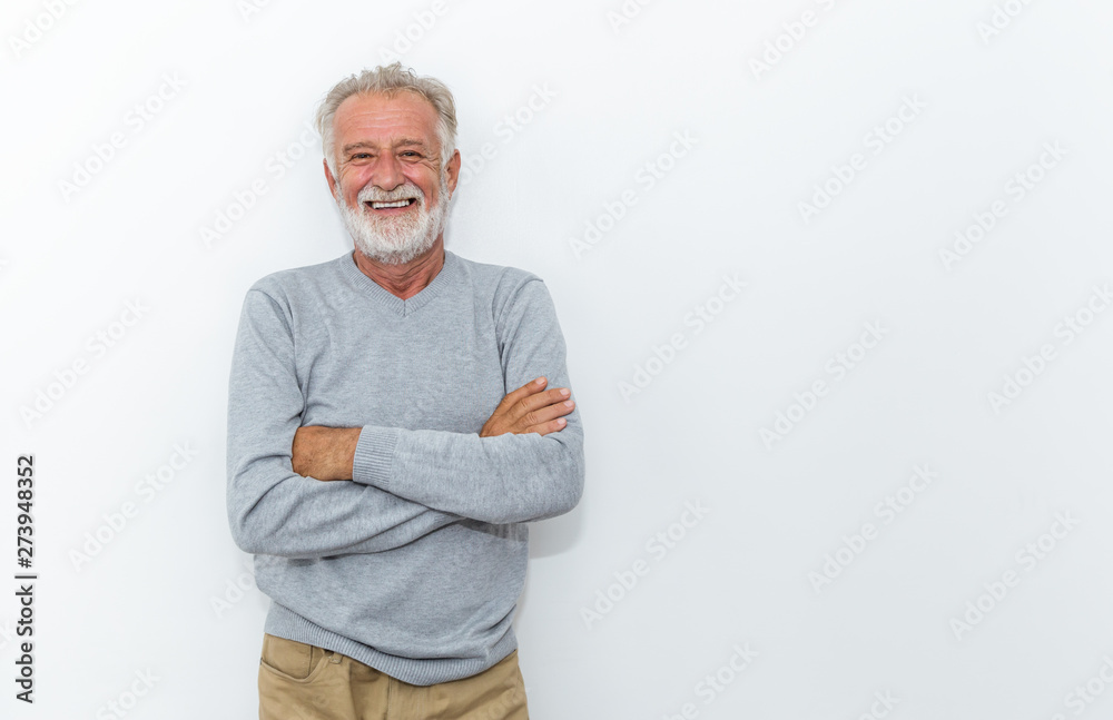 Portrait of healthy happy smile senior elderly caucasian old arm crossed with copy space isolated on white. Golden age healthcare cheerful lifestyle freedom relax retirement concept - obrazy, fototapety, plakaty 