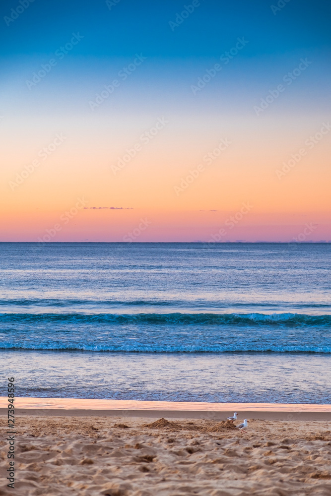 A beautiful sunset afternoon at Noosa beach overlooking the ocean and golden sky