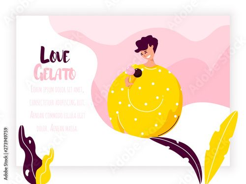Young man eats gelato on color background with plants and frame. Vector food banner in flat linear style.