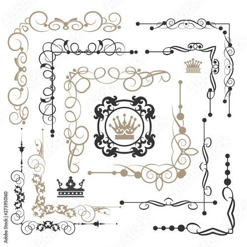 Vintage design elements for page decorations - corner ornament, calligraphy swirls, crowns, scroll