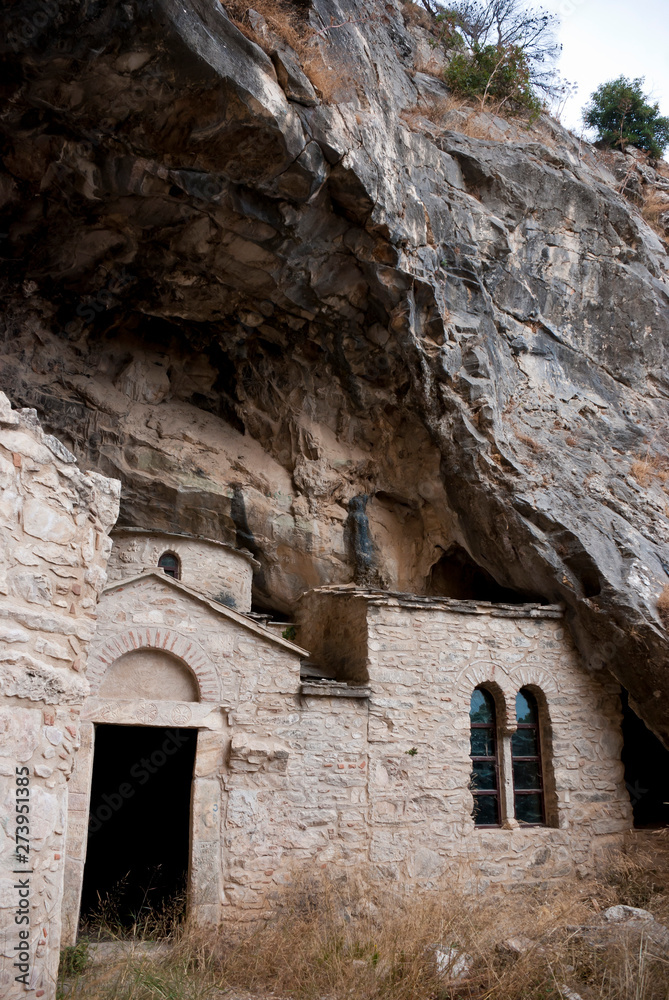 Parnitha Mountain, Athens / Greece, June 2019: The Ntavelis cave and the enclosed monastery