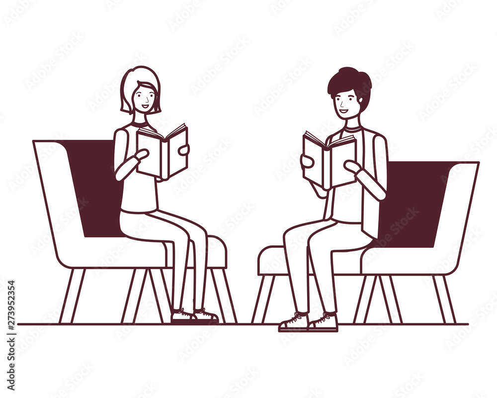 couple sitting on chair with book in hands couple sitting on chair with book in hands