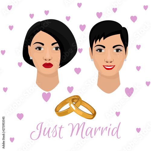 Queer Wedding. Couple of newly married lesbian brides. Beautiful bride heads adorned with pink hearts and pair of wedding rings. LGBTQ Rights vector illustration.