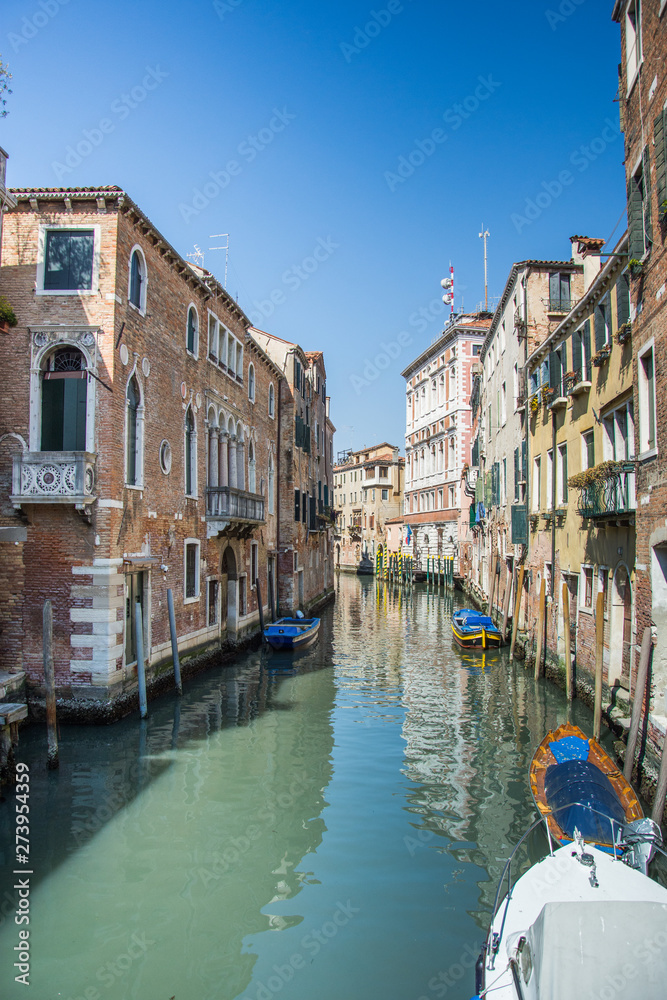 buildings, boats and canals in Venice,Italy, 2019