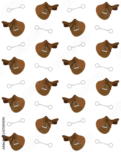 Vector seamless pattern of flat cartoon equestrian horse saddle and bit isolated on white background