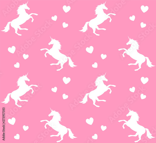 Vector seamless pattern of white unicorn silhouette and hearts isolated on pink background
