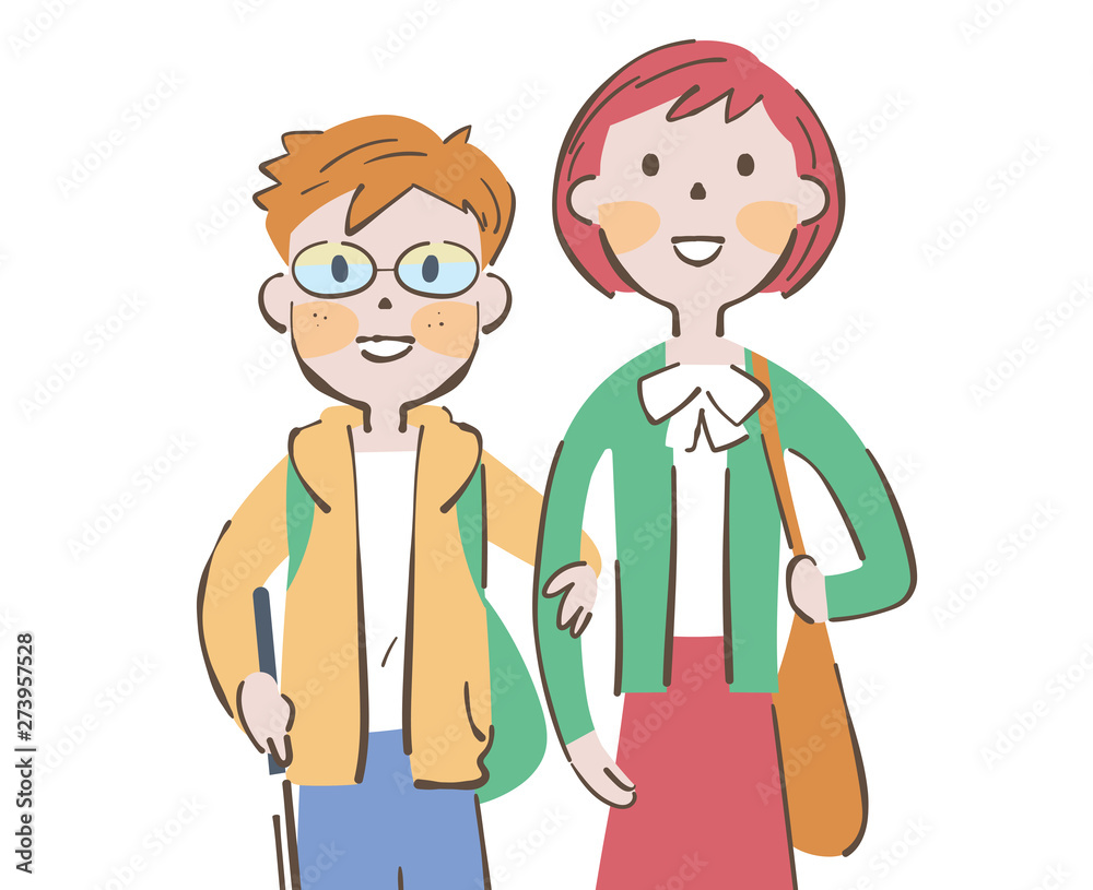 道路の安全を確認しながら歩く白杖を持った視覚弱者の男の子と誘導する女性 イラスト Stock イラスト Adobe Stock 道路の安全を確認しながら歩く白杖を持った視覚弱者の男の子と誘導する女性 イラスト Stock イラスト Adobe Stock