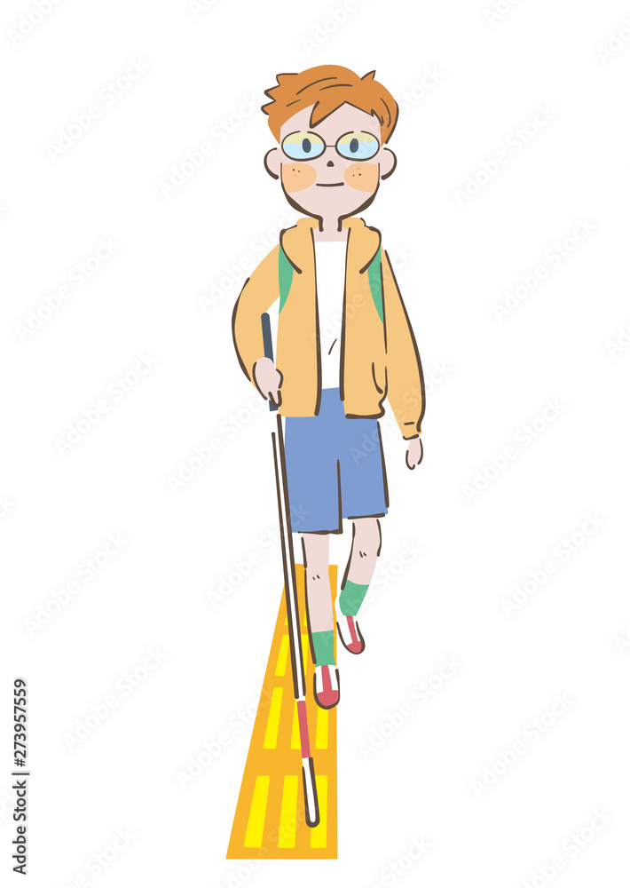 道路の安全を確認しながら歩く白杖を持った視覚弱者の男の子 イラスト