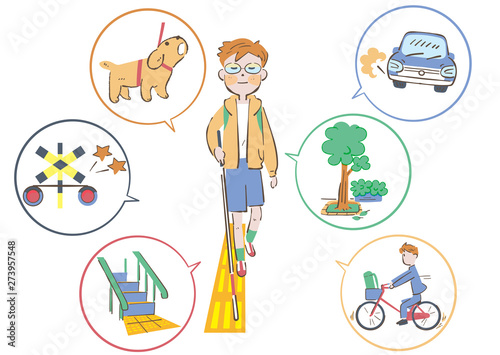 道路の安全を確認しながら歩く白杖を持った視覚弱者の男の子 イラスト