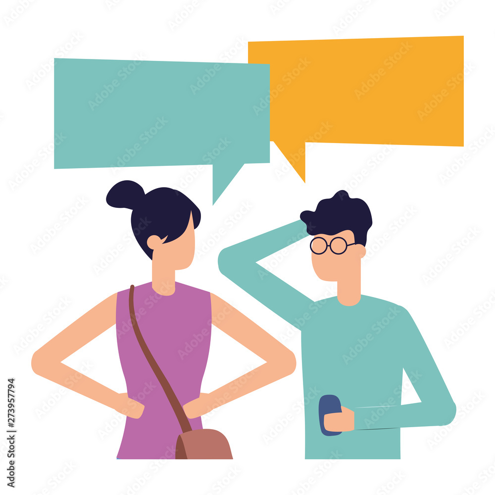 man with smartphone and woman talk bubble man with smartphone and woman talk bubble