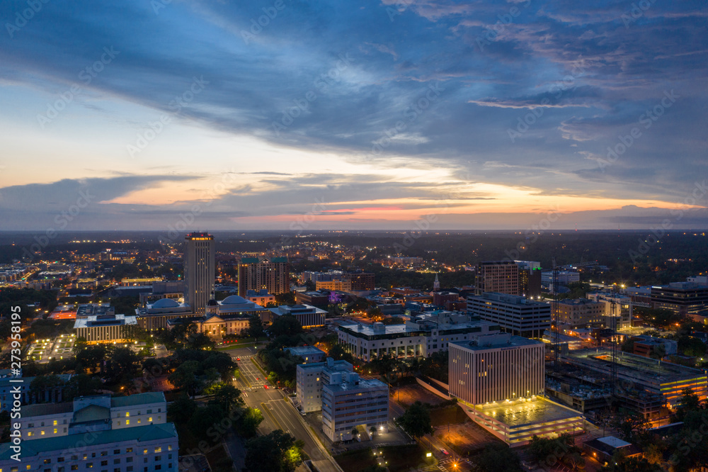 Aerial twilight photo Downtown Tallahassee scene State Capitol Building