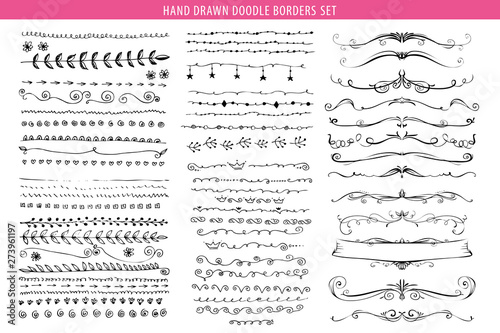 Hand drawn line, border, frame vector doodle design element set. Template for invitation or greeting card.