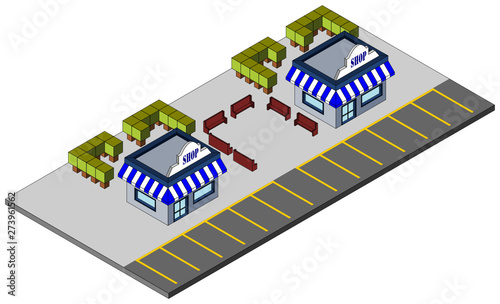 Lojas comerciais com jardim e estacionamento em isometria 3D