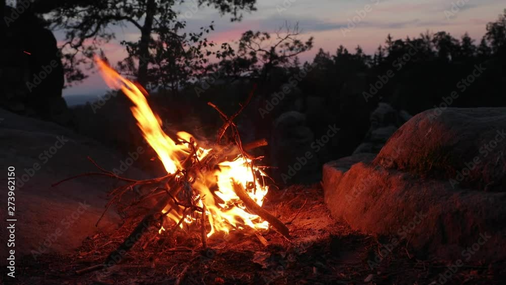 Camp Fire Flames, twilight sky Camp Fire Flames, twilight sky
