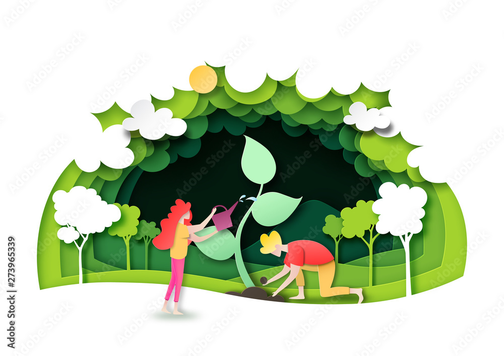 Save the world with ecology and environment conservation concept.People planting green forest with nature landscape background layers paper art style.Vector illustration. - obrazy, fototapety, plakaty 